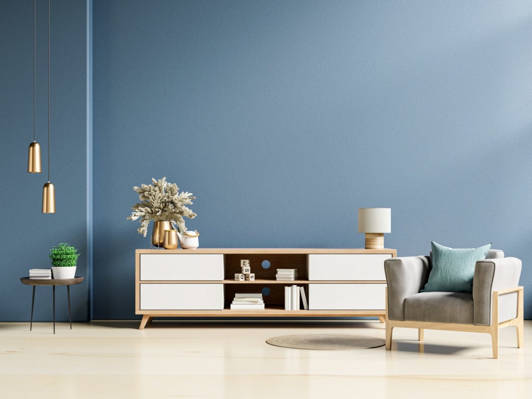 Blue wall with wood table setup | The Paint Masters