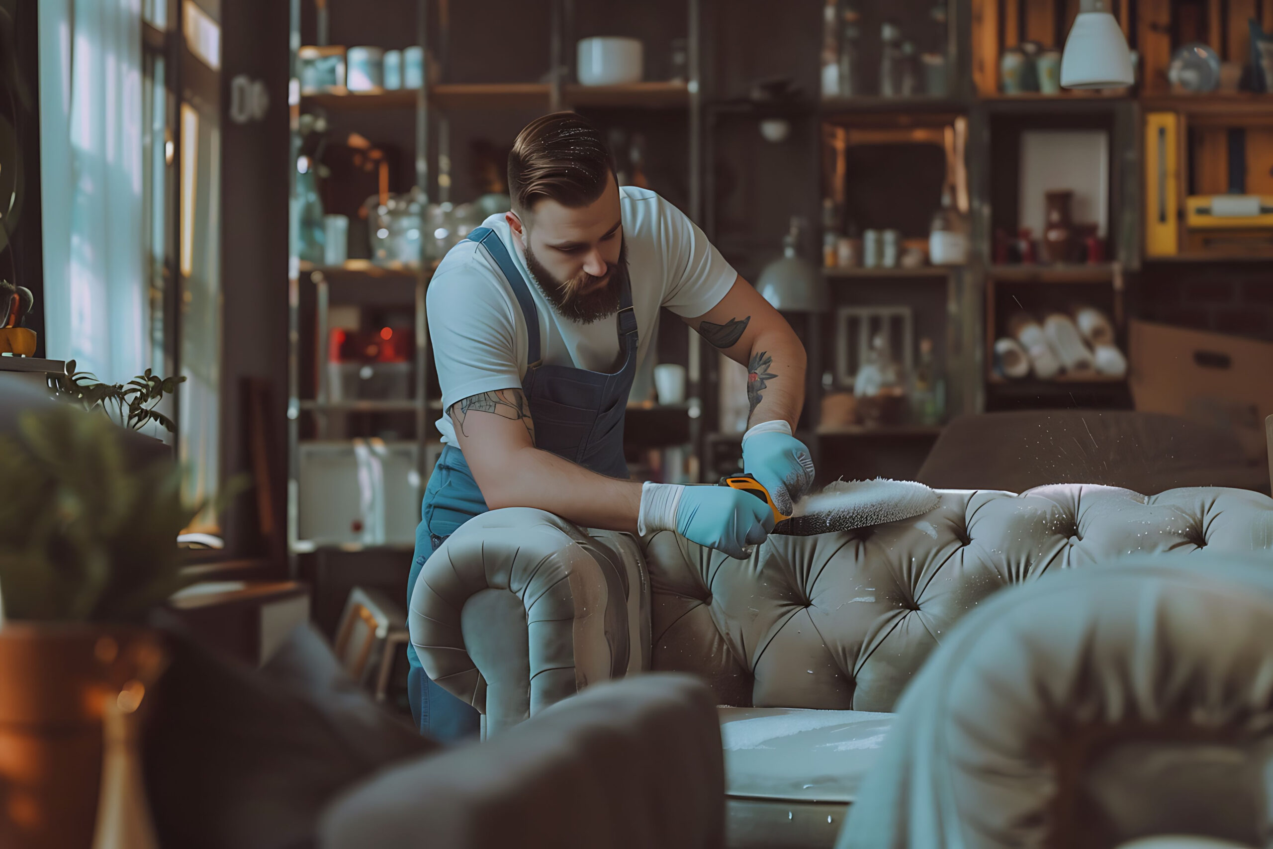 Man cleaning couch in cozy room | The Paint Masters