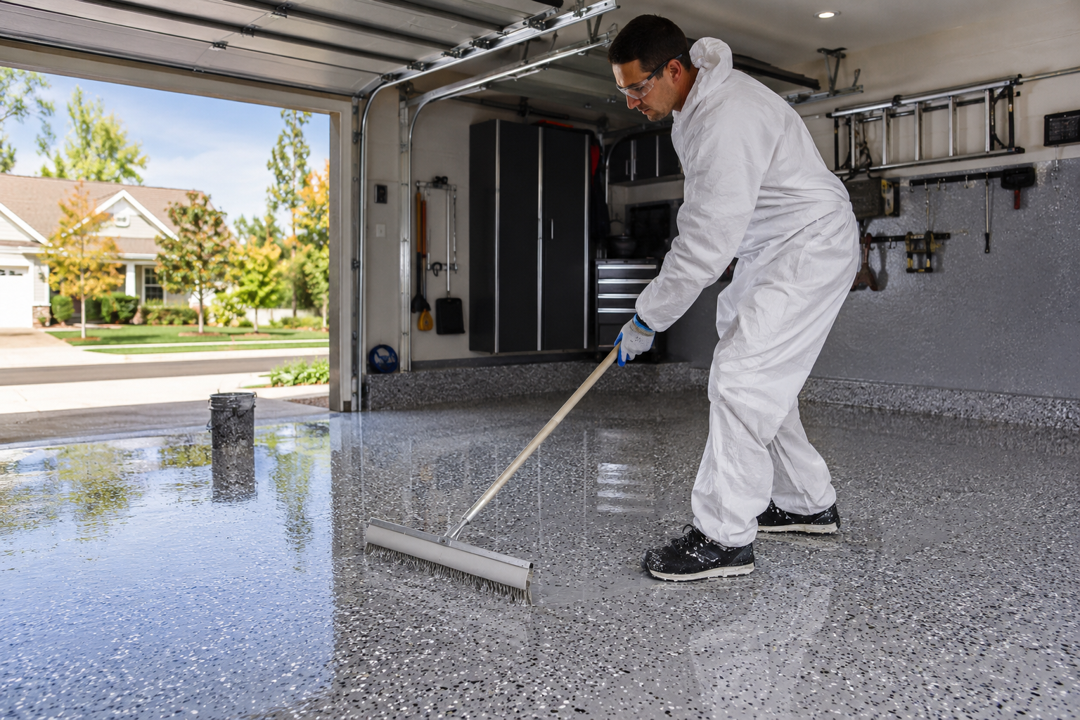 Garage floor coating technician applying polyaspartic coating in Edmonton residential garage